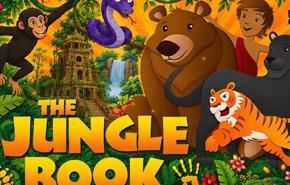 Cartoon illustration for "The Jungle Book" featuring a boy, a bear, a panther, a tiger, a monkey, and a snake in a lush jungle setting with ancient ru